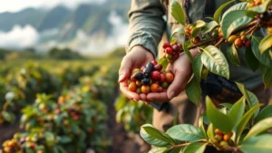 Professional photograph of artisanal Hawaiian coffee farmer inspecting organic crops with morning mist on volcanic landscape, hands holding ripe coffee berries, sustainable agriculture in action