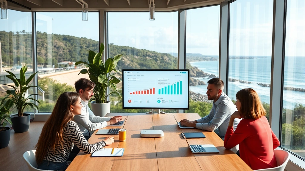 Modern sustainable business meeting in eco-friendly office space with diverse team reviewing transparent supply chain analytics on digital screens, natural lighting through large windows overlooking coastal landscape