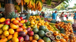 Vibrant farmers market stall overflowing with tropical fruits including mangoes, papayas, and passion fruits, with customers browsing in background, natural daylight, island setting