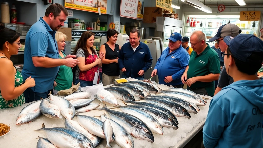 Community gathering at local market with customers and staff interacting near fresh seafood counter, displaying ahi and opah on ice, emphasizing connection and authenticity