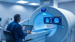 Modern PET/CT scanner in clinical hospital setting with technician operating control console, medical equipment display screens showing cross-sectional imaging data, sterile clinical environment with blue-tinted lighting