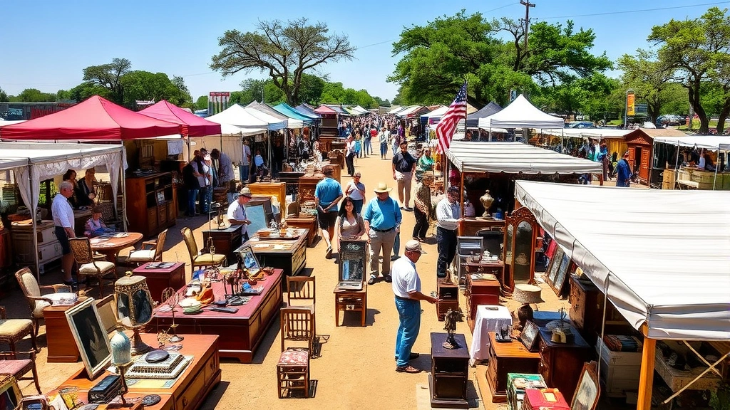 Bustling outdoor flea market with dozens of vendor booths displaying antiques, vintage furniture, and collectibles under bright Texas sunshine, customers browsing merchandise stalls