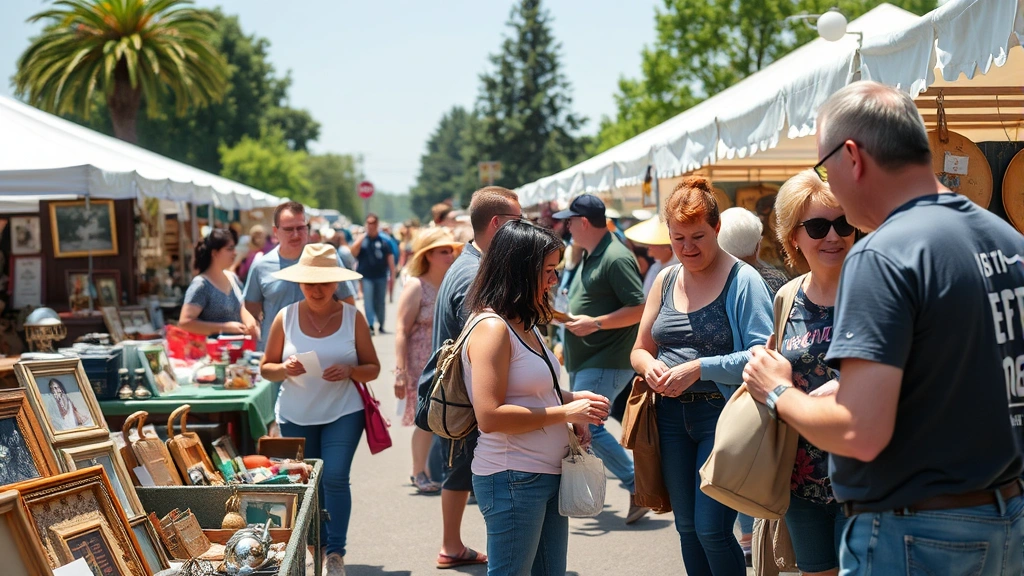 Diverse group of shoppers examining vintage items at flea market vendor booths, holding collectibles and merchandise, casual weekend shopping atmosphere with clear skies