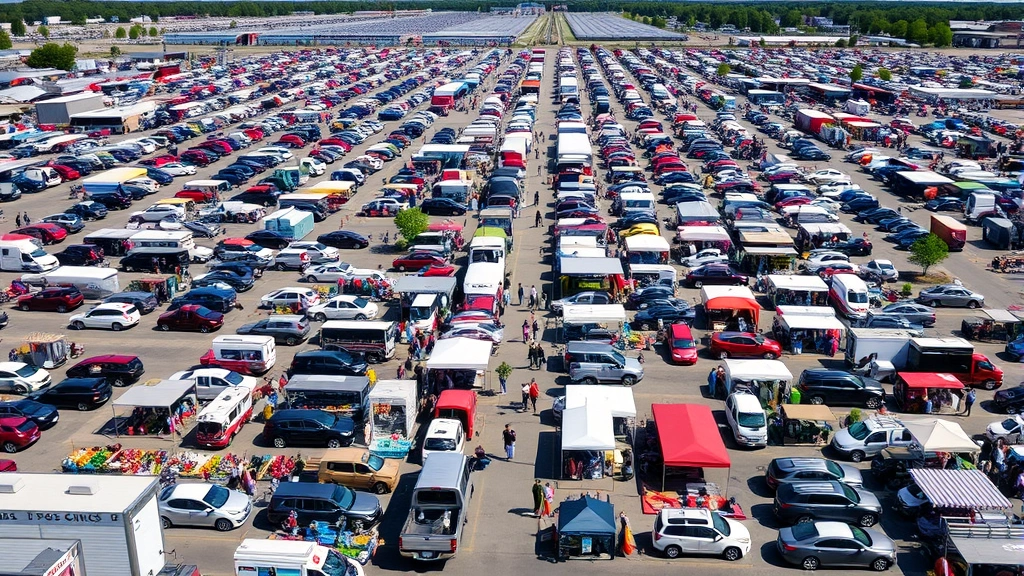 Aerial view of sprawling flea market with multiple vendor rows, parked vehicles, outdoor canopies, and shoppers walking between booths in organized marketplace layout