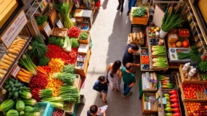 Overhead view of a bustling farmers market booth displaying colorful fresh vegetables, fruits, and artisan products with customers browsing and selecting items, natural sunlight, vibrant colors, busy marketplace atmosphere