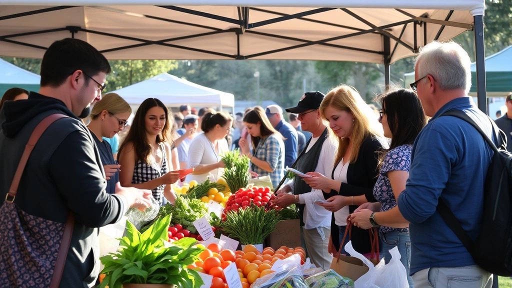 Diverse group of customers at farmers market booth engaged in conversation with vendor, examining products and making purchases, outdoor market setting with canopy tent, morning sunlight, community gathering atmosphere