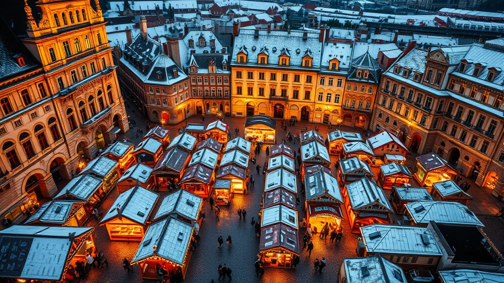 Aerial overhead view of Old Town Square Prague filled with hundreds of wooden market chalets during evening Christmas season with warm golden lights reflecting off wet cobblestones and crowds of shoppers walking between stalls, snow lightly covering rooftops of historic buildings surrounding the square