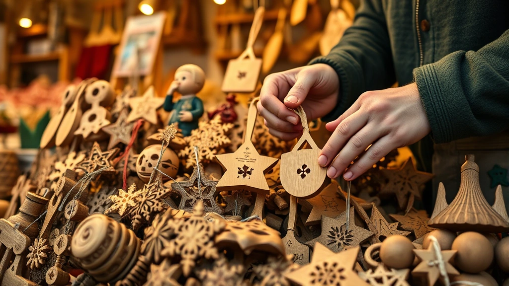 Close-up detail shot of vendor hands arranging handcrafted Czech wooden ornaments and decorative items on a market stall display, showing traditional craftsmanship with various carved designs and natural wood finishes, warm market lighting in background
