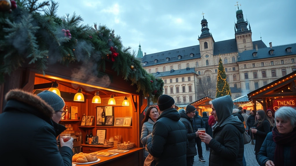 Wide angle view of Prague Christmas market vendor serving traditional mulled wine and trdelník pastries to customers at a busy wooden chalet, steam rising from beverages, customers holding drinks and pastries, historic Prague architecture visible behind market structures at dusk