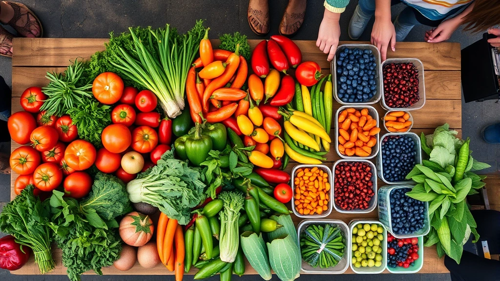 Overhead view of colorful fresh produce arranged on wooden farmers market vendor table with customers shopping in soft morning light, displaying tomatoes, peppers, leafy greens, and berries