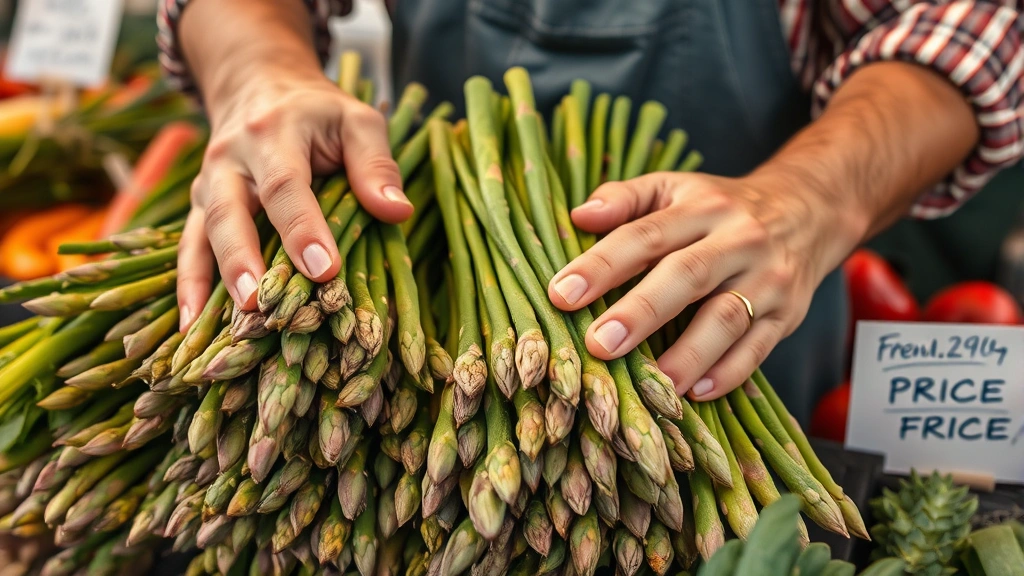 Close-up of farmer's hands arranging bundles of fresh asparagus and spring vegetables at market stand with handwritten price signs visible but blurred