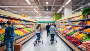 Bright, modern grocery store interior with well-stocked produce section featuring colorful fresh fruits and vegetables, professional lighting, clean floors, customers shopping with carts