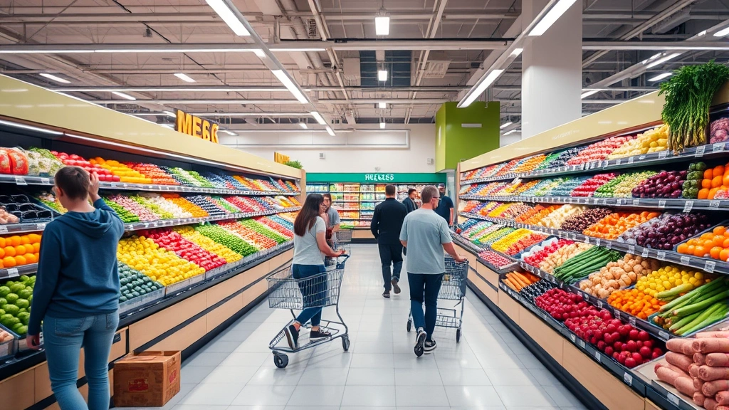 Bright, modern grocery store interior with well-stocked produce section featuring colorful fresh fruits and vegetables, professional lighting, clean floors, customers shopping with carts