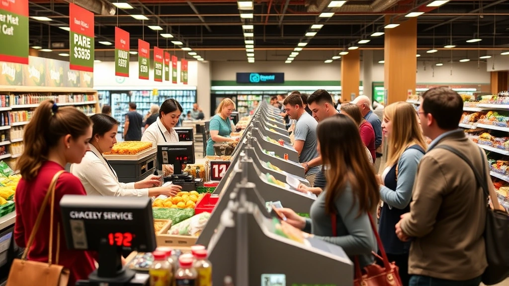Customer service focused grocery store checkout area with multiple registers, friendly cashiers, self-checkout kiosks, customers completing transactions, modern point-of-sale systems, organized checkout lanes