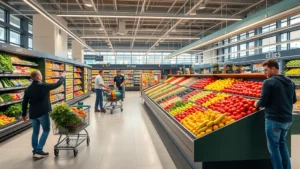 Modern grocery store interior with bright lighting, organized produce section with fresh vegetables and fruits in display bins, customers shopping with carts, natural daylight from windows, professional retail environment