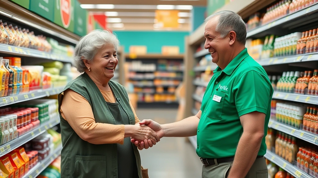 Friendly grocery store employee in Publix uniform assisting elderly customer in store aisle, helpful customer service moment, warm interaction, well-stocked shelves with products, professional retail setting