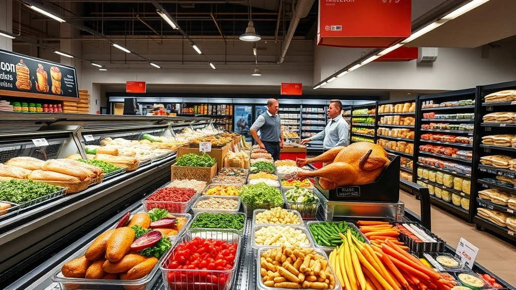 Grocery store deli and prepared foods section with fresh rotisserie chicken, prepared salads, sandwiches displayed in cases, bakery items on shelves, professional food service area with trained staff