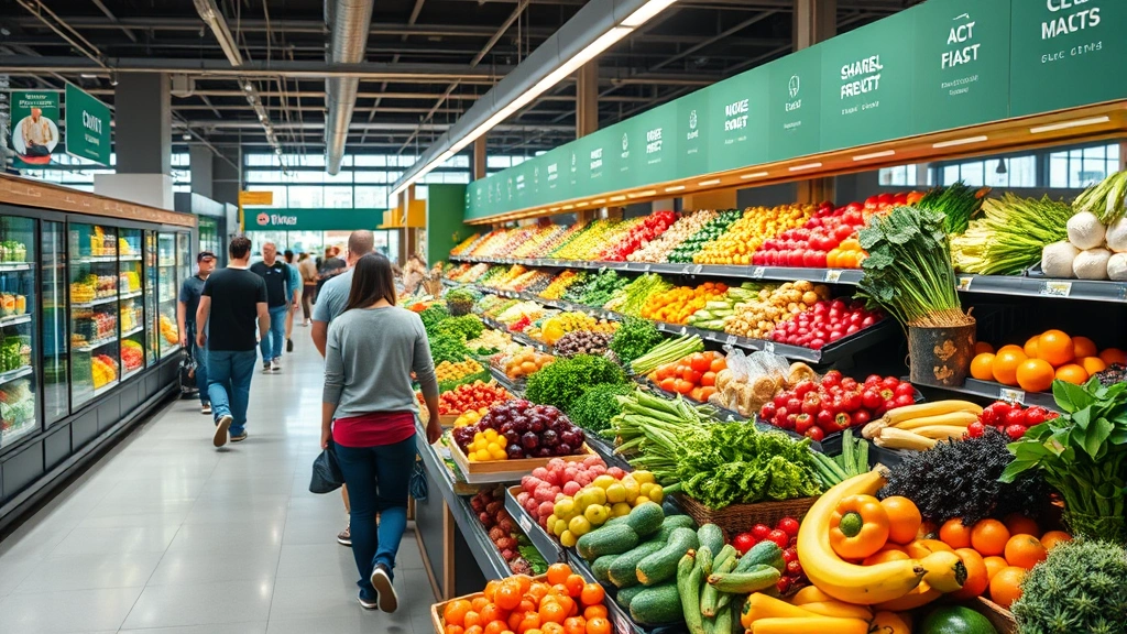Modern supermarket produce section with vibrant fresh fruits and vegetables, diverse customers shopping, bright natural lighting, clean organized display, professional photography