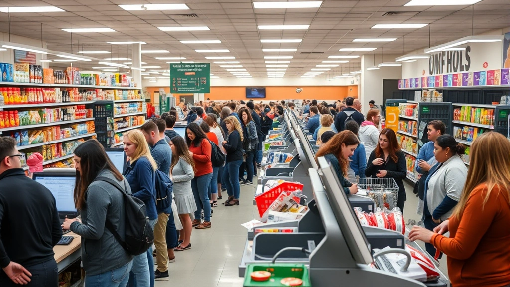 Busy supermarket checkout area with multiple lanes, diverse customers in line, friendly cashiers, modern point-of-sale systems, warm lighting, community bulletin board visible