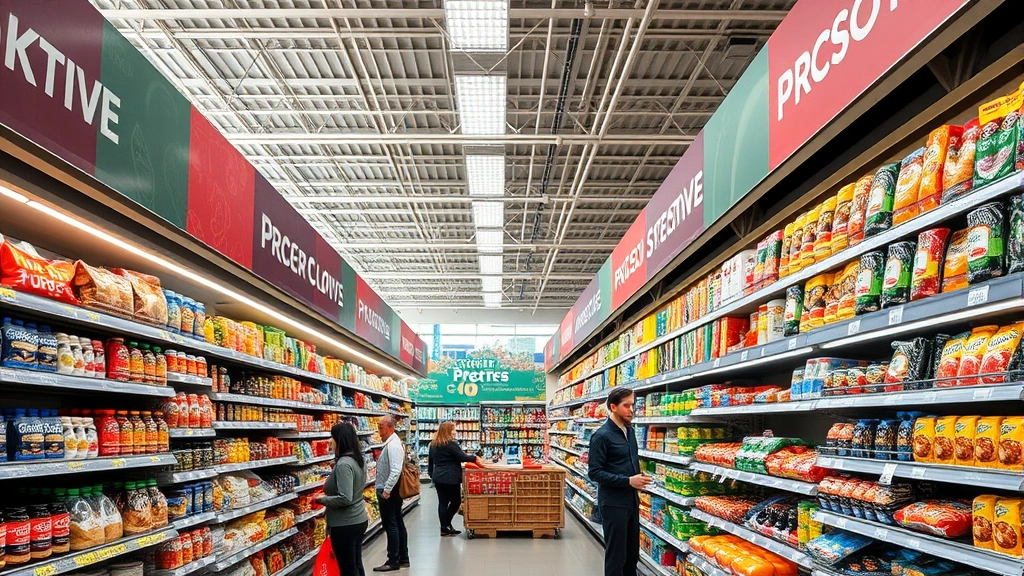 Supermarket interior showing multiple aisles with well-stocked shelves, diverse ethnic food products, organized signage, customers shopping, natural lighting, professional retail environment