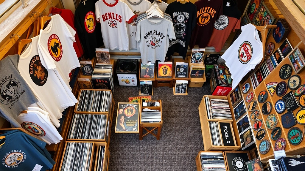 Overhead view of organized flea market vendor booth with vintage band t-shirts neatly displayed on wooden racks, vinyl records in crates, and colorful patches arranged on shelves, bright natural lighting