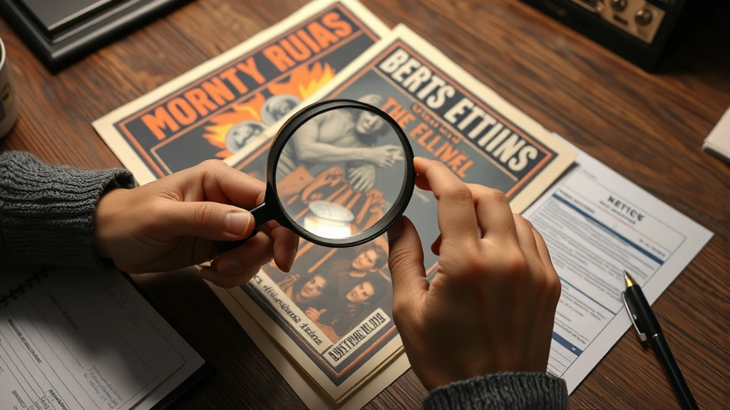 Close-up of hands carefully examining a 1970s concert poster with magnifying glass for authenticity verification, wooden table surface with documentation and notes nearby
