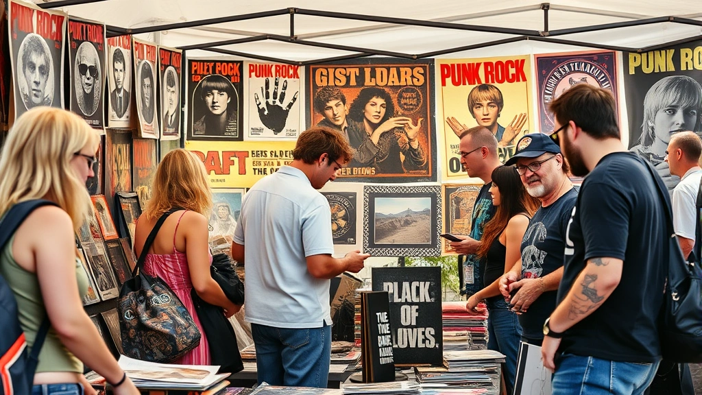 Diverse group of customers browsing punk rock merchandise at outdoor flea market booth with vintage band posters and memorabilia, natural daylight, engaged shoppers examining items