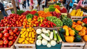 Overhead view of colorful fresh produce at farmers market stall, including tomatoes, peppers, lettuce, and squash arranged in wooden crates, customers browsing in background