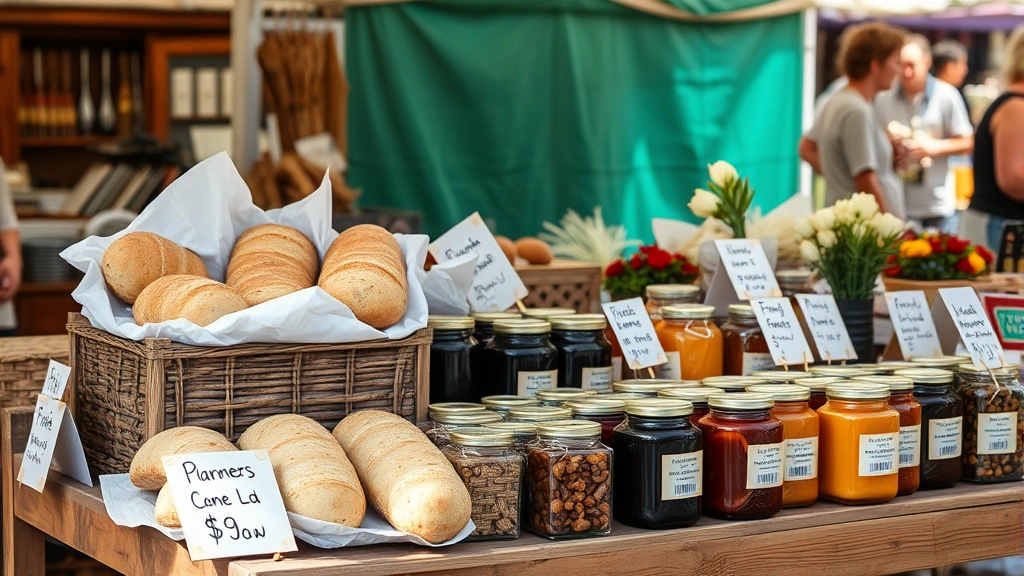 Diverse farmers market vendor arranging artisan bread, preserves, and packaged goods on wooden market table with handwritten price signs, natural daylight