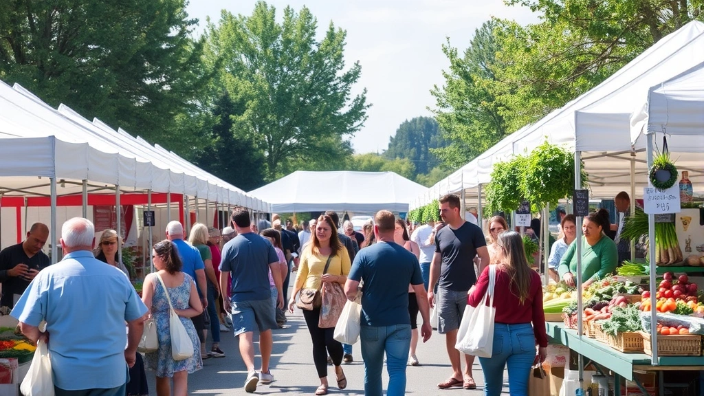 Busy farmers market scene with multiple vendor booths under white tents, customers walking with reusable bags selecting fresh produce and local products, outdoor community gathering