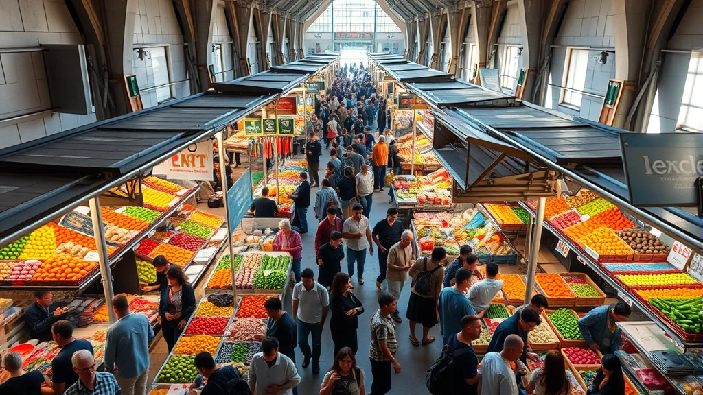 Overhead shot of a bustling public market with diverse vendor stalls, fresh produce displays, and customers browsing colorful goods, bright natural lighting, diverse crowd of shoppers