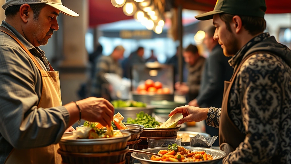 Close-up of artisan food preparation at a market stall with vendor serving fresh prepared meal to customer, warm lighting highlighting food quality and authentic interaction