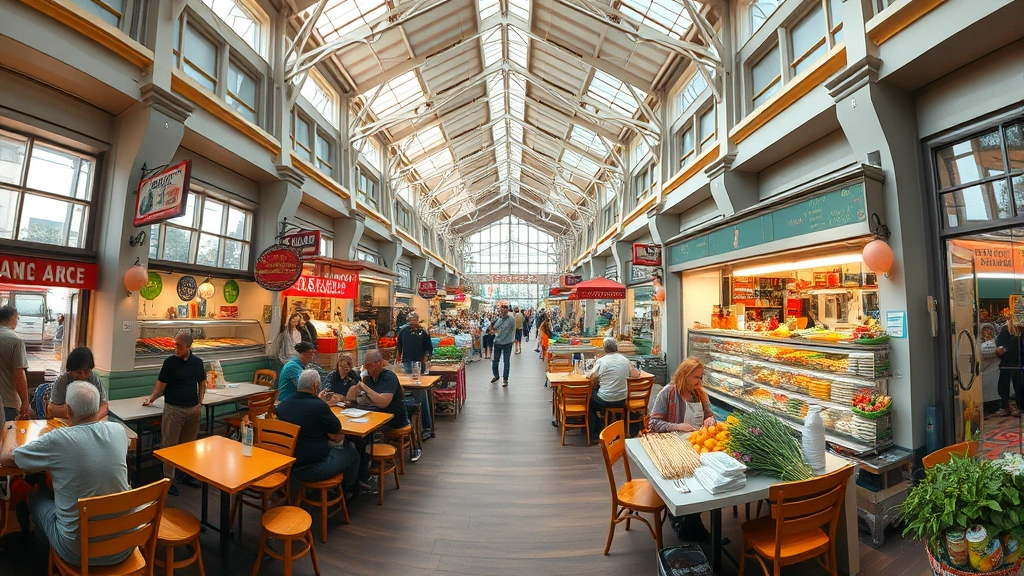 Wide angle view of market interior showing seating areas, vendor variety, customers dining and shopping, modern architecture with natural light, vibrant community gathering space