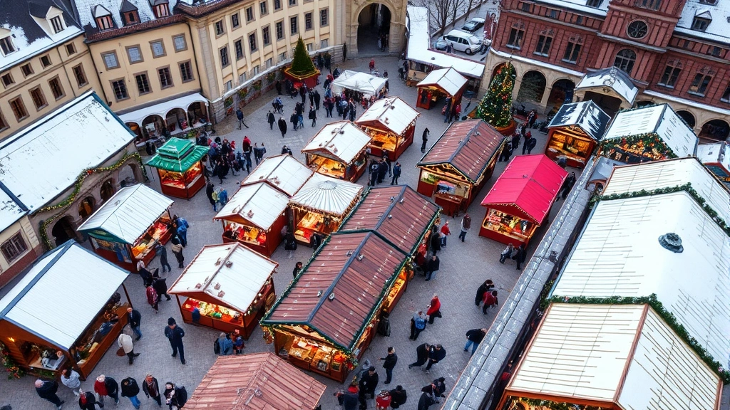 Overhead view of bustling outdoor Christmas market with colorful vendor booths, snow-covered ground, holiday decorations, and crowds of shoppers browsing wooden stalls in historic European-style setting