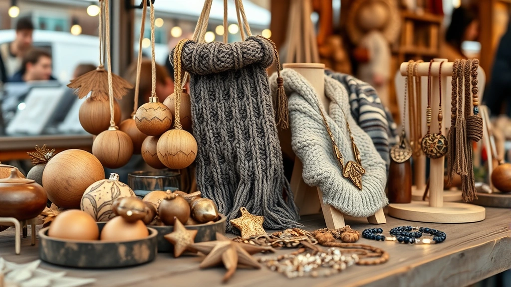 Close-up of artisan vendor displaying handcrafted goods including wooden ornaments, knitted scarves, and handmade jewelry on rustic wooden table with warm market lighting