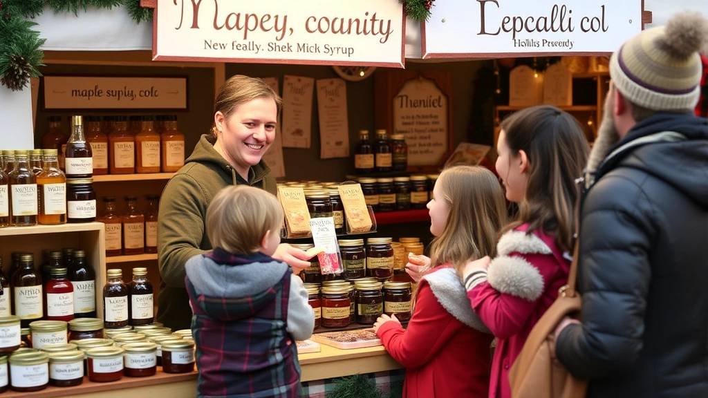 Family shopping at gourmet food vendor stall featuring local maple syrup products, preserves, and specialty holiday treats with vendor smiling and offering samples to customers