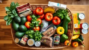 Overhead view of a diverse grocery shopping basket filled with fresh produce including avocados, tomatoes, cilantro, and bell peppers, alongside packaged specialty items and canned goods, arranged on a wooden kitchen counter with warm natural lighting