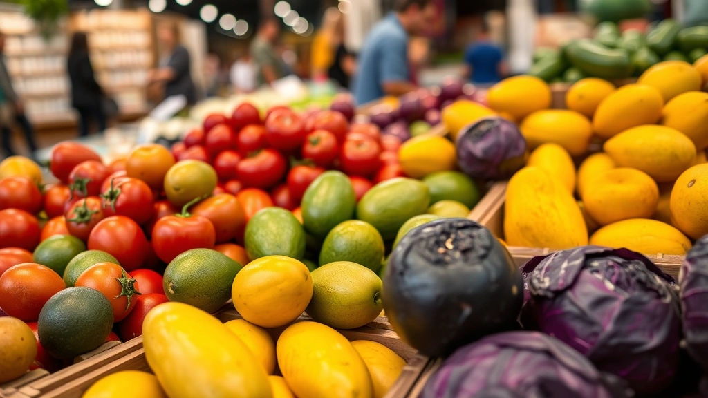 Close-up shot of colorful fresh produce display in a market setting, featuring vibrant red tomatoes, green avocados, yellow mangoes, and purple cabbage arranged in wooden crates with soft focus background of shopping customers
