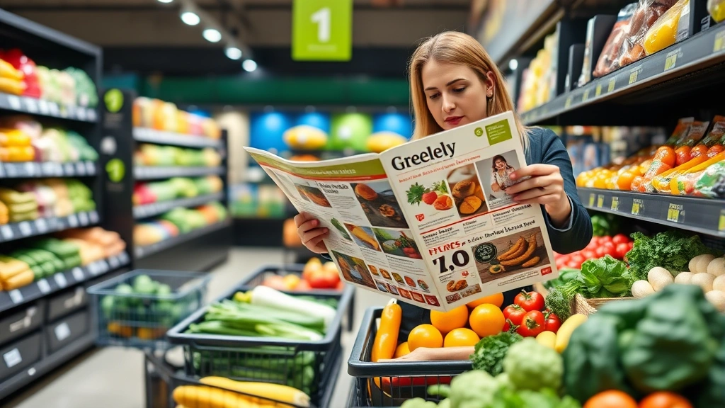 Professional photograph of a shopper holding a weekly grocery advertisement circular while standing in a produce aisle, examining fresh vegetables, with grocery baskets and shelving visible in the background