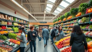 Wide-angle photograph of a busy neighborhood grocery store interior with diverse customers shopping, well-lit produce section with colorful fruits and vegetables, natural lighting from store skylights, professional retail environment