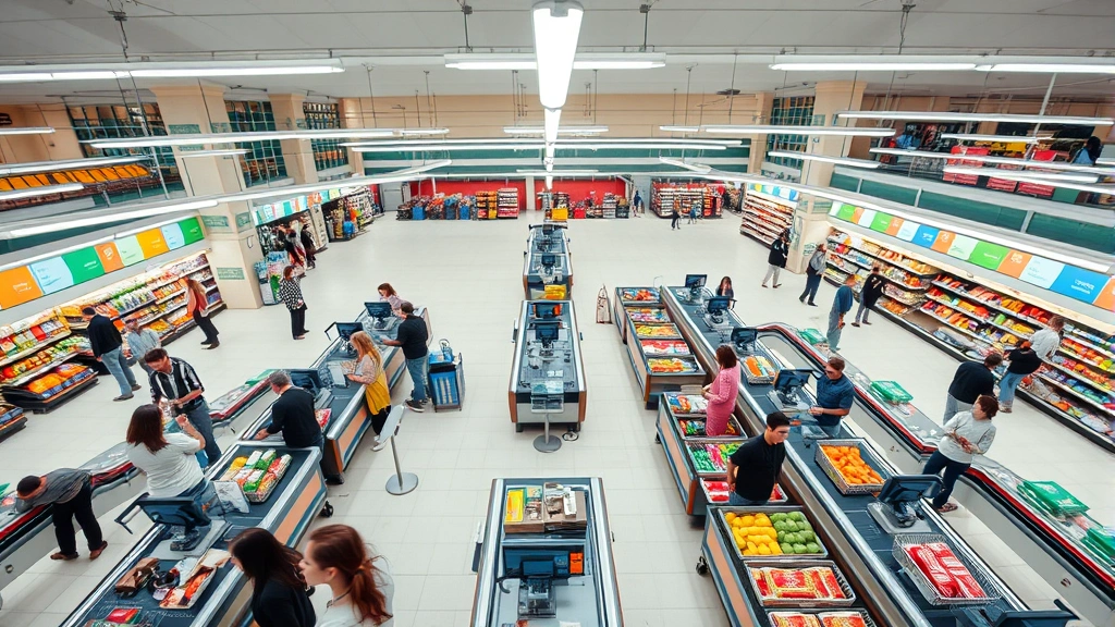 Overhead view of a grocery store checkout area with multiple lanes, customers at registers, diverse staff members assisting shoppers, bright fluorescent lighting, organized conveyor belts, professional retail setting
