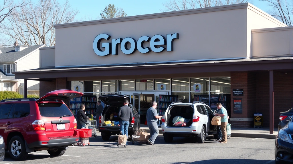 Photograph of a grocery store parking lot during daytime with customers loading groceries into vehicles, clear signage visible on storefront, neighborhood setting with residential buildings visible, natural daylight