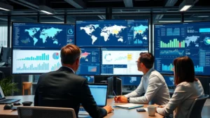 Professional business team analyzing international market data on multiple screens, showing graphs, maps, and analytics dashboards in modern office setting
