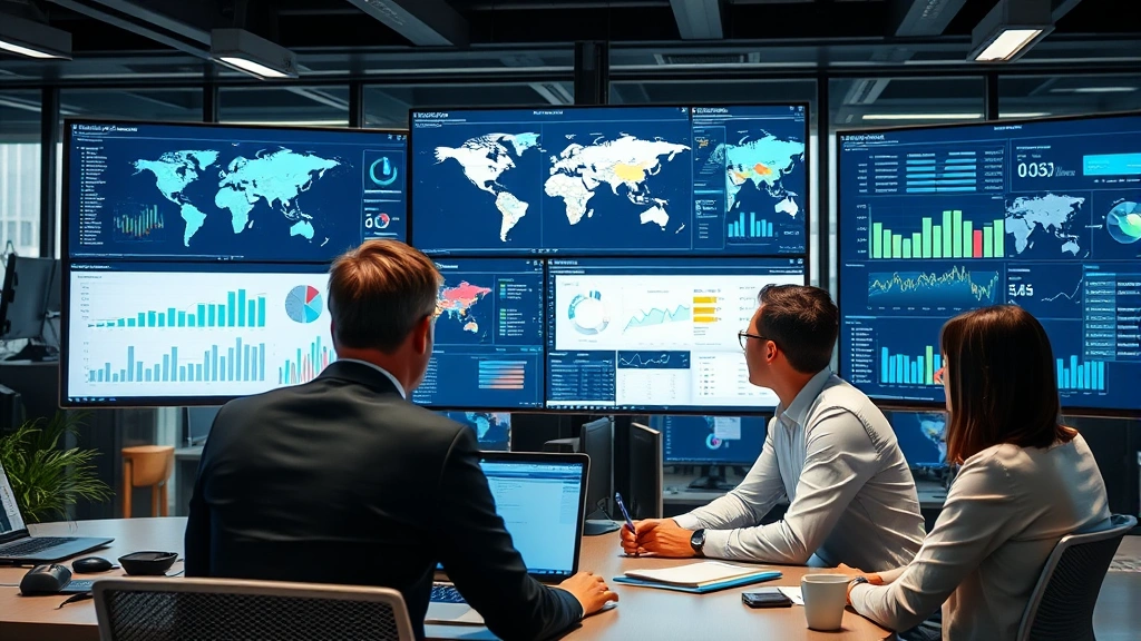 Professional business team analyzing international market data on multiple screens, showing graphs, maps, and analytics dashboards in modern office setting