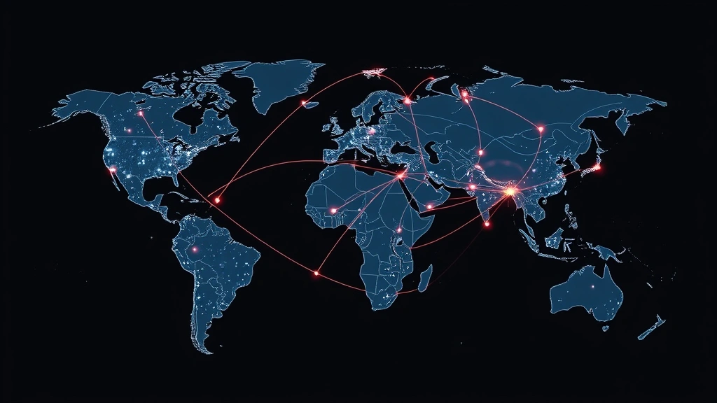 Global business network visualization with world map, connected nodes, and digital pathways representing international commerce and market expansion