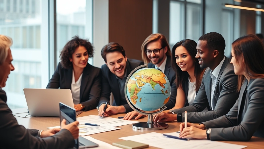 Diverse group of international business professionals collaborating at conference table with laptops, documents, and globe, discussing expansion strategy