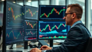 Professional financial analyst reviewing multiple stock charts and trend indicators on high-resolution monitors in a modern office setting, showing candlestick patterns and moving averages