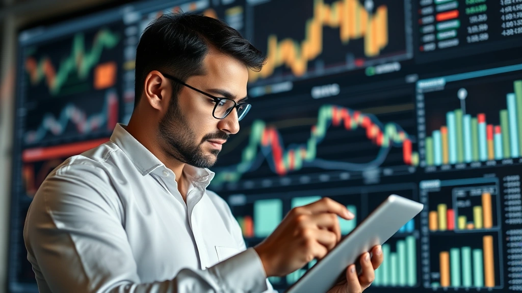 Business executive analyzing economic data on tablet with financial graphs, charts, and market trend visualizations displayed in background, focused concentration
