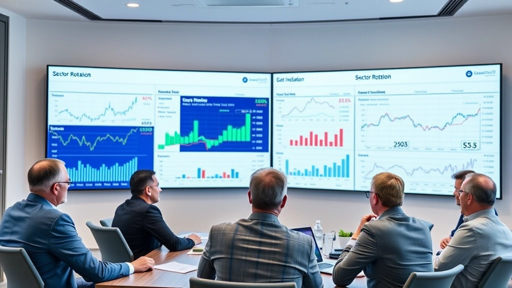 Diverse group of investors in modern conference room reviewing portfolio performance metrics, sector rotation data, and economic indicators on large display screens