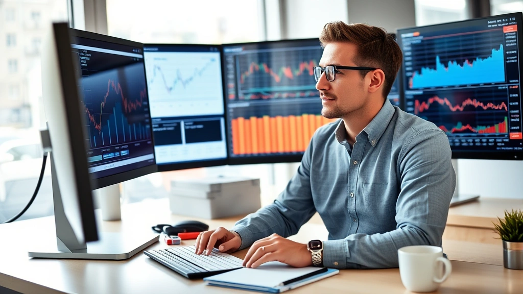 Professional business analyst reviewing data on multiple monitors displaying charts and market graphs, modern office environment, focused expression, natural lighting from windows, contemporary workspace with notebook and coffee
